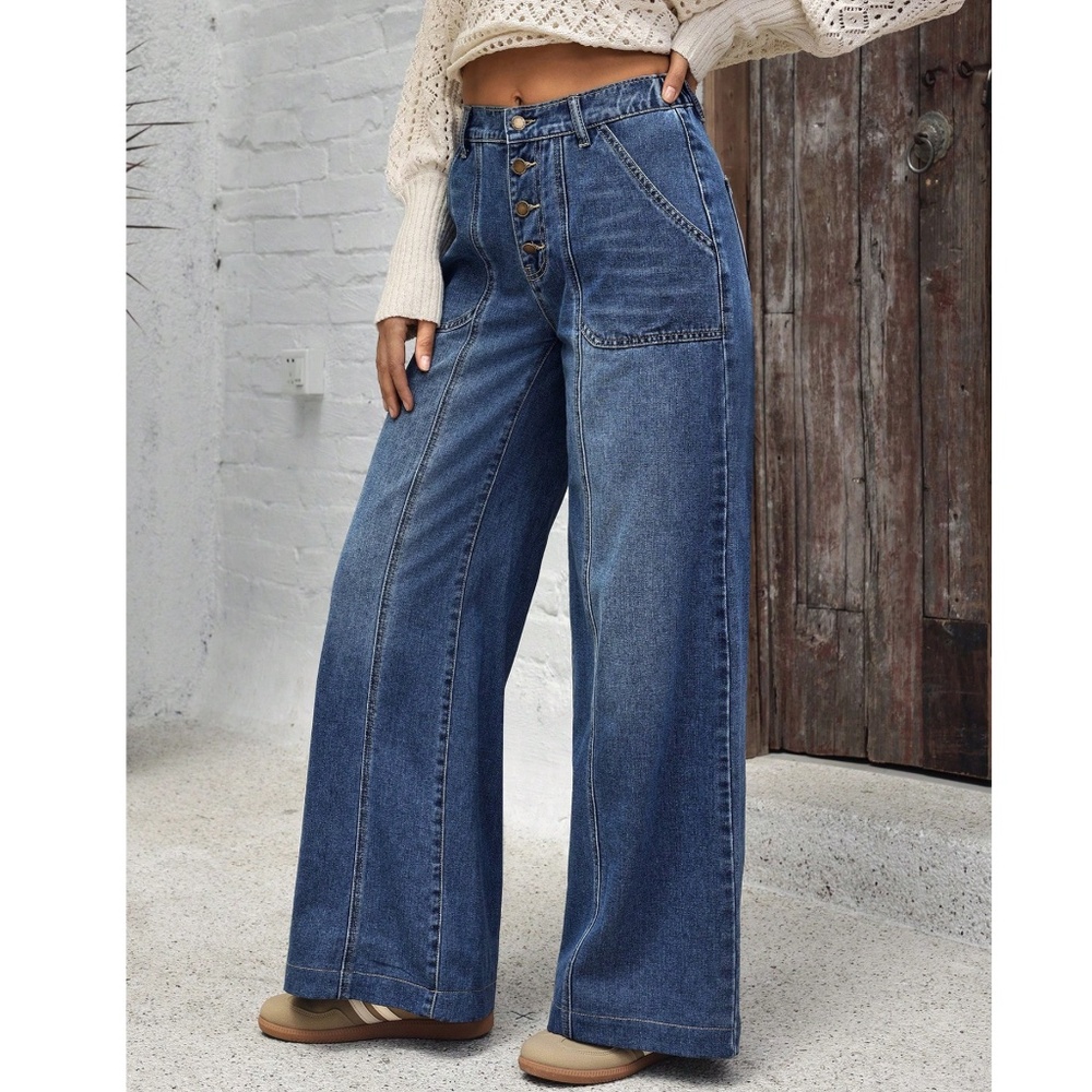 Dark Wash  Blue Wide leg Button Fly Wide leg Denim Jeans - Picture 6 of 8